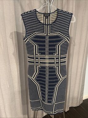 TOPSHOP navy and cream structured geometric midi dress